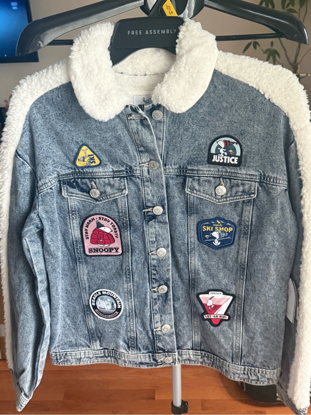 Justice Light Blue Denim Jacket with White Sherpa Collar and Ski Patches